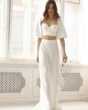 White bridal pants and top crop. White suit for brides online.
