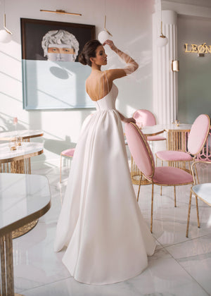 Off White Chiffon Long Sleeves Wedding Dress,A Line V Neck Prom Dress –  indresses