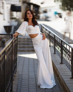 Two piece bridal suit. White wedding suit for bride. Bridal suit. Modern  white wedding suit.