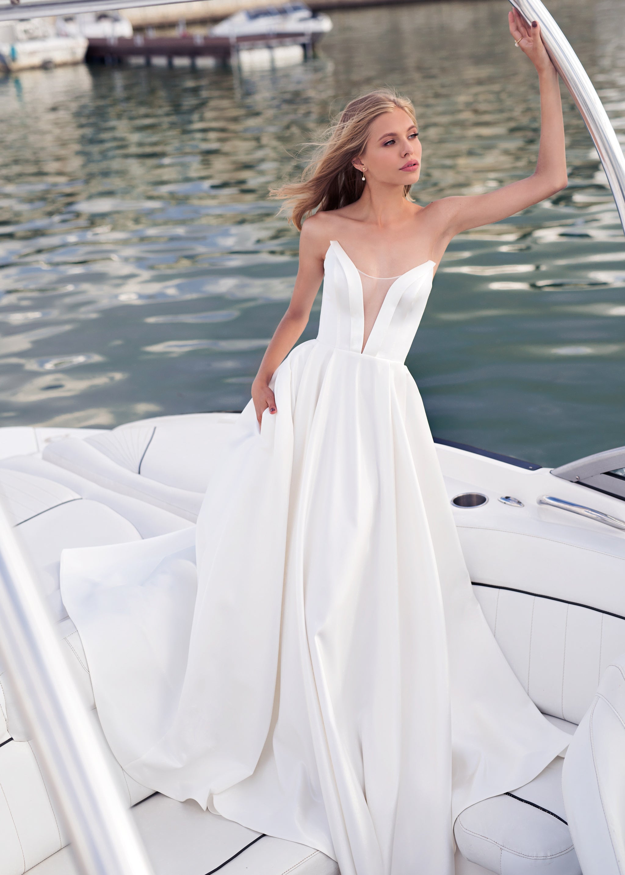 Soft satin white wedding dress for modern bride.