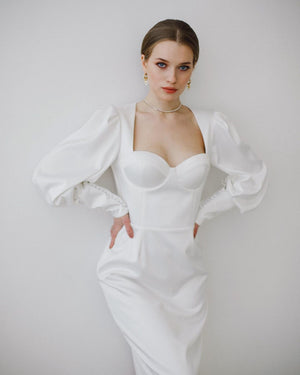 Midi wedding dress. Long sleeve wedding dress online. Elegant bridal gown. Soft satin bridal dress.